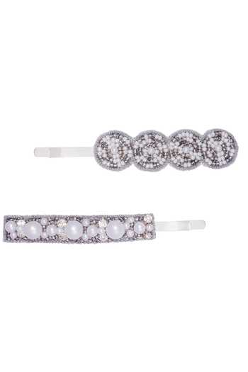 Hair Drama CO_Silver Embellished Pearl Hair Pins Set Of 2_Online_at_Aza_Fashions