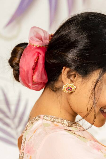 Buy_Hair Drama CO_Pink Embellished Oversized Dual Tone Organza Scrunchy_Online_at_Aza_Fashions