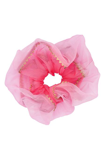 Shop_Hair Drama CO_Pink Embellished Oversized Dual Tone Organza Scrunchy_Online_at_Aza_Fashions