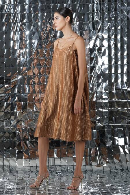 Yavi_Brown Dotted Brocade Dot V Neck Altair Dress_Online_at_Aza_Fashions