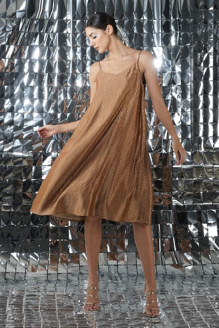 Buy_Yavi_Brown Dotted Brocade Dot V Neck Altair Dress_Online_at_Aza_Fashions