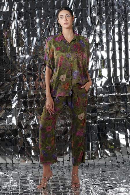 Yavi Green Cotton Tissue Floral Spread Collar Alula Print Shirt 