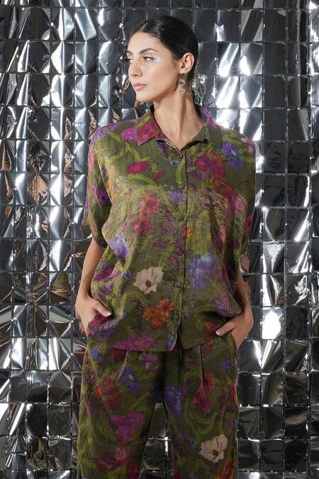 Shop Yavi Green Cotton Tissue Floral Spread Collar Alula Print Shirt Online at Aza Fashions Shop_Yavi_Green Cotton Tissue Floral Spread Collar Alula Print Shirt _Online_at_Aza_Fashions