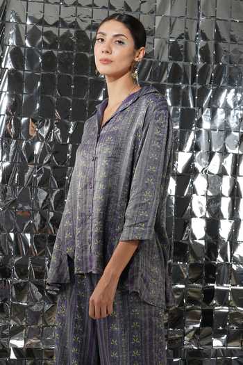 Buy Silver Cotton Tissue Printed Floral Spread Collar Celeste 