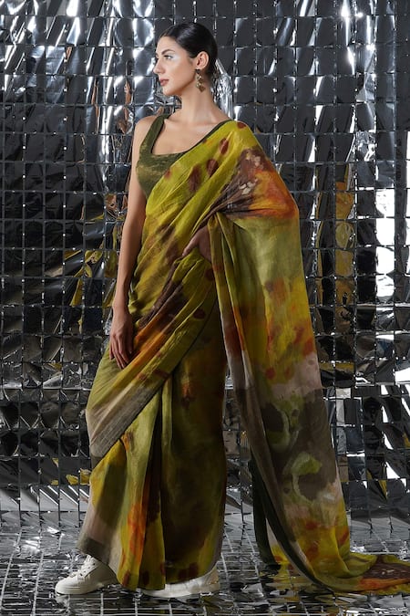 Yavi_Green Cotton Tissue Abstract Print Saree_Online_at_Aza_Fashions