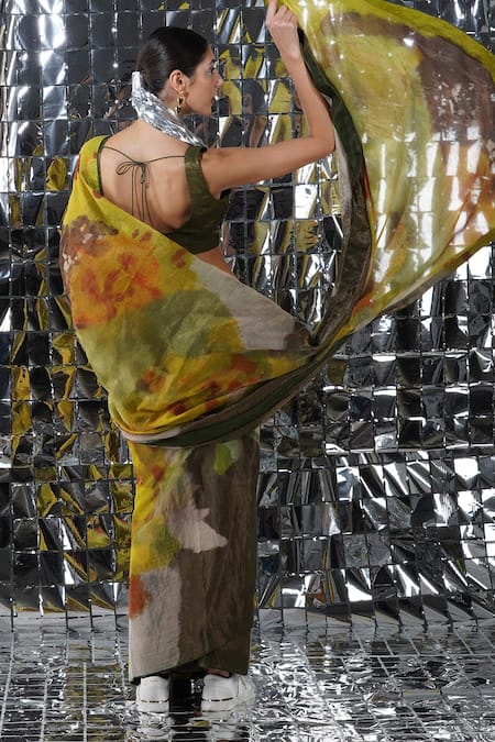 Shop_Yavi_Green Cotton Tissue Abstract Print Saree_Online_at_Aza_Fashions