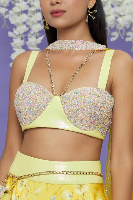 Shop_Sonal & Ekta_Yellow Dupatta Shimmer Net, Lehenga Taffeta, Top Vegan Set With Waist Bag _Online_at_Aza_Fashions