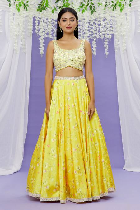 Buy_Sonal & Ekta_Yellow Net, Lehenga Taffeta Floral Print, Sequin And Beads Embroidered Cape Set _Online_at_Aza_Fashions