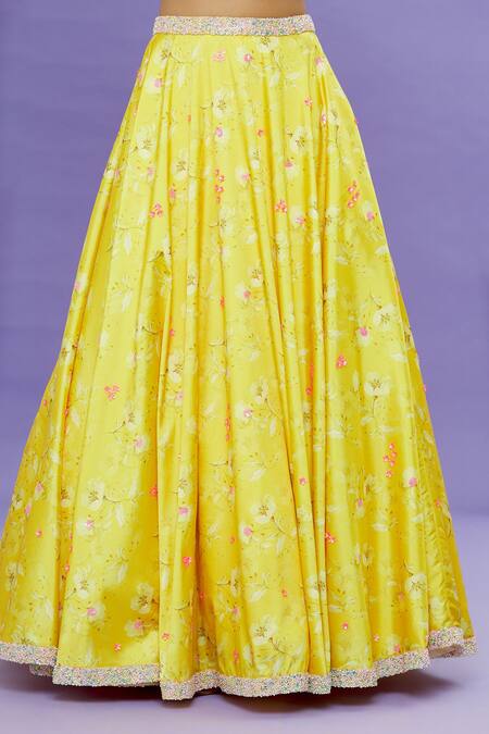 Sonal & Ekta_Yellow Net, Lehenga Taffeta Floral Print, Sequin And Beads Embroidered Cape Set _at_Aza_Fashions
