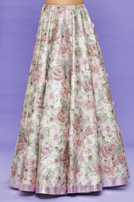 Sonal & Ekta_Purple Dupatta Net, Lehenga Textured, Top Vegan Leather Floral Print And Set _at_Aza_Fashions