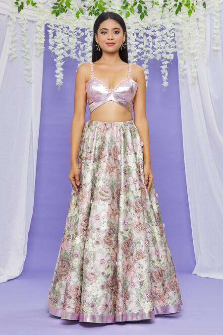 Buy_Sonal & Ekta_Purple Dupatta Net, Lehenga Textured, Top Vegan Leather Floral Print And Set _Online_at_Aza_Fashions
