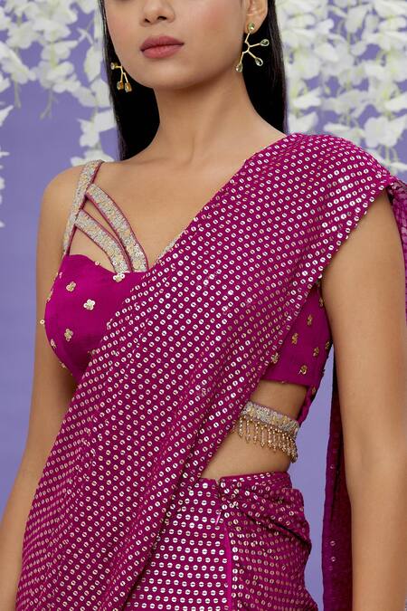 Sonal & Ekta_Wine Blouse Silk Blend, Saree Georgette Sequin Work Pre-stitched With _at_Aza_Fashions
