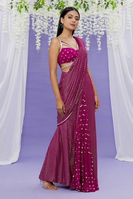 Sonal & Ekta_Wine Blouse Silk Blend, Saree Georgette Sequin Work Pre-stitched With _Online_at_Aza_Fashions
