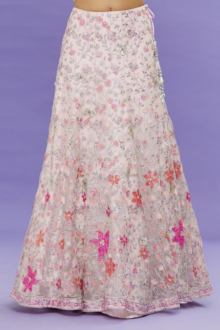 Sonal & Ekta_Pink Net Pearl, Cutdana And Sequin Work V Neck Floral Embroidered Lehenga Set _at_Aza_Fashions