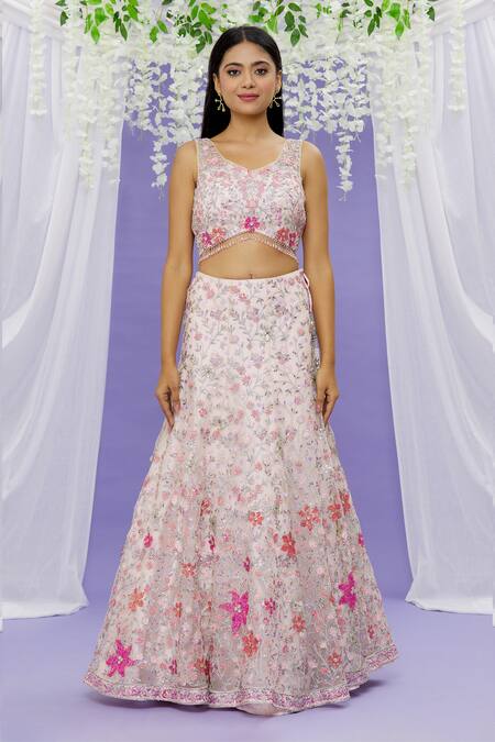 Buy_Sonal & Ekta_Pink Net Pearl, Cutdana And Sequin Work V Neck Floral Embroidered Lehenga Set _Online_at_Aza_Fashions
