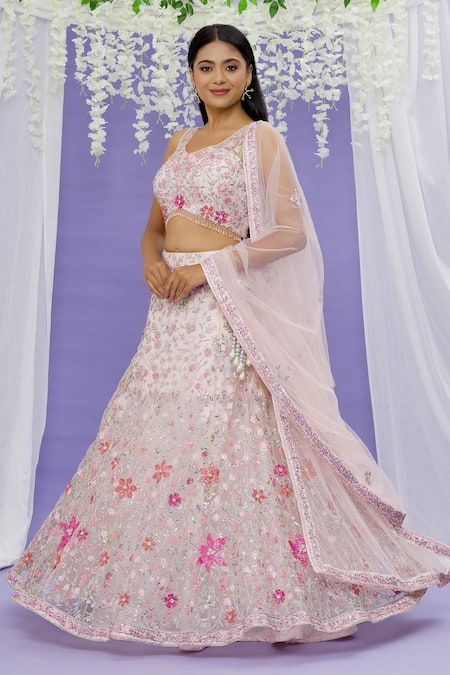 Sonal & Ekta_Pink Net Pearl, Cutdana And Sequin Work V Neck Floral Embroidered Lehenga Set _Online_at_Aza_Fashions