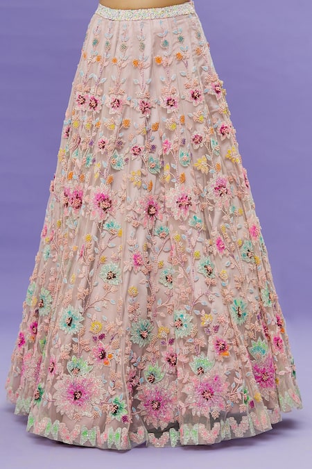Sonal & Ekta_Pink Net Sequin, Cutdana And Bead Work Square Neck Floral Embroidered Lehenga Set _at_Aza_Fashions