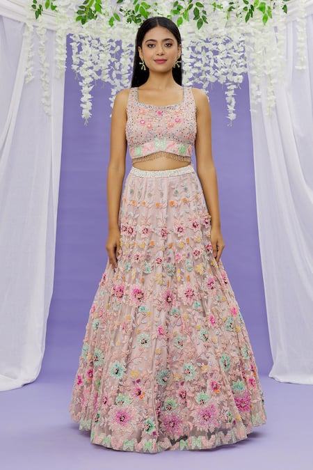 Buy_Sonal & Ekta_Pink Net Sequin, Cutdana And Bead Work Square Neck Floral Embroidered Lehenga Set _Online_at_Aza_Fashions