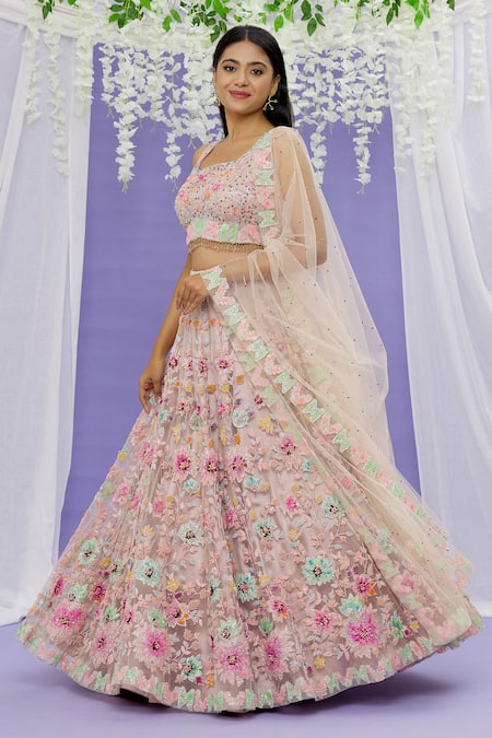 Sonal & Ekta_Pink Net Sequin, Cutdana And Bead Work Square Neck Floral Embroidered Lehenga Set _Online_at_Aza_Fashions