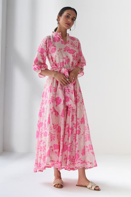 Negra Elegante_Pink Cotton Silk Floral Mandarin Collar Lovestruck Print Dress_Online_at_Aza_Fashions
