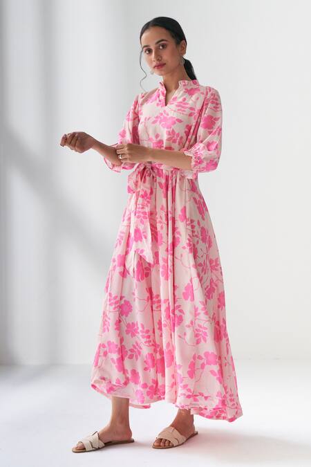 Buy_Negra Elegante_Pink Cotton Silk Floral Mandarin Collar Lovestruck Print Dress_Online_at_Aza_Fashions
