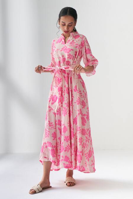 Shop_Negra Elegante_Pink Cotton Silk Floral Mandarin Collar Lovestruck Print Dress_Online_at_Aza_Fashions