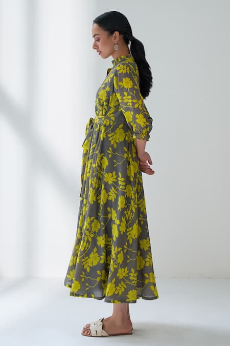 Negra Elegante Grey Cotton Silk Floral Mandarin Collar Lovestruck Print Dress Online at Aza Fashions Negra Elegante_Grey Cotton Silk Floral Mandarin Collar Lovestruck Print Dress _Online_at_Aza_Fashions