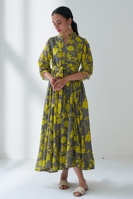 Buy Negra Elegante Grey Cotton Silk Floral Mandarin Collar Lovestruck Print Dress Online at Aza Fashions Buy_Negra Elegante_Grey Cotton Silk Floral Mandarin Collar Lovestruck Print Dress _Online_at_Aza_Fashions