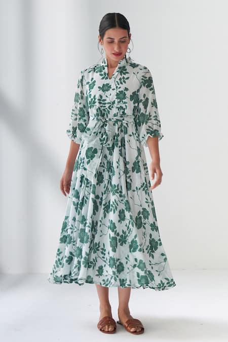 Negra Elegante Green Cotton Silk Floral Mandarin Collar Lovestruck Print Dress 