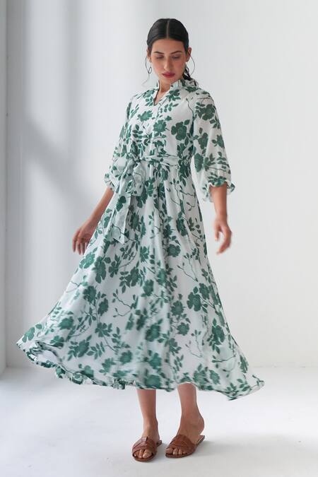 Buy Negra Elegante Green Cotton Silk Floral Mandarin Collar Lovestruck Print Dress Online at Aza Fashions Buy_Negra Elegante_Green Cotton Silk Floral Mandarin Collar Lovestruck Print Dress _Online_at_Aza_Fashions