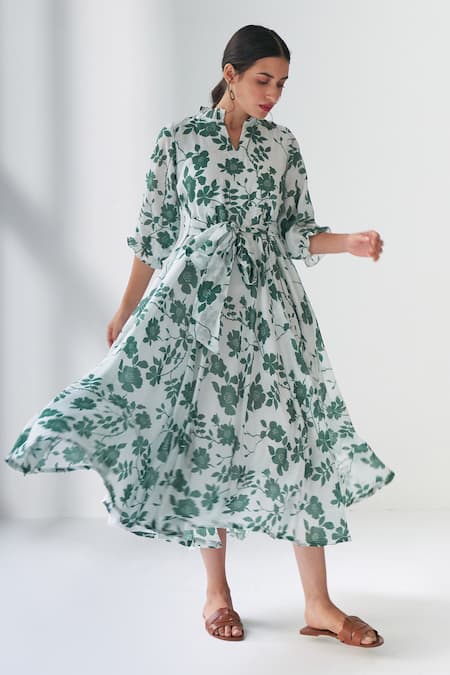 Shop Negra Elegante Green Cotton Silk Floral Mandarin Collar Lovestruck Print Dress Online at Aza Fashions Shop_Negra Elegante_Green Cotton Silk Floral Mandarin Collar Lovestruck Print Dress _Online_at_Aza_Fashions