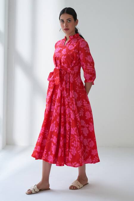 Negra Elegante_Pink Cotton Silk Floral Mandarin Collar Lovestruck Print Dress_Online_at_Aza_Fashions