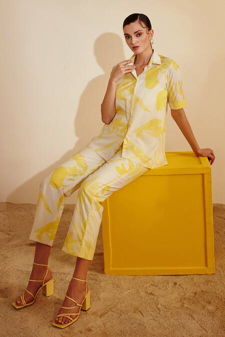 Buy_Zosia_Yellow Luxury Crepe Floral Motifs Collared Neck Print Pant Set _Online_at_Aza_Fashions