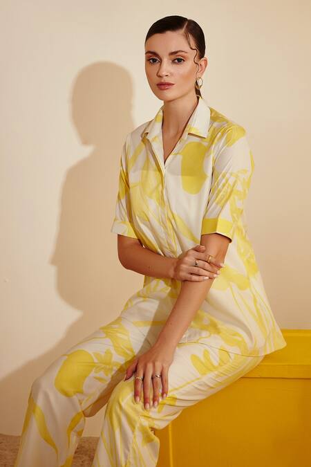Shop_Zosia_Yellow Luxury Crepe Floral Motifs Collared Neck Print Pant Set _Online_at_Aza_Fashions