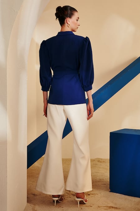 Shop Zosia Blue Luxury Heavy Crepe Lapel Collar Puff Sleeve Blazer And Flared Pant Set at Aza Fashions Shop_Zosia_Blue Luxury Heavy Crepe Lapel Collar Puff Sleeve Blazer And Flared Pant Set _at_Aza_Fashions