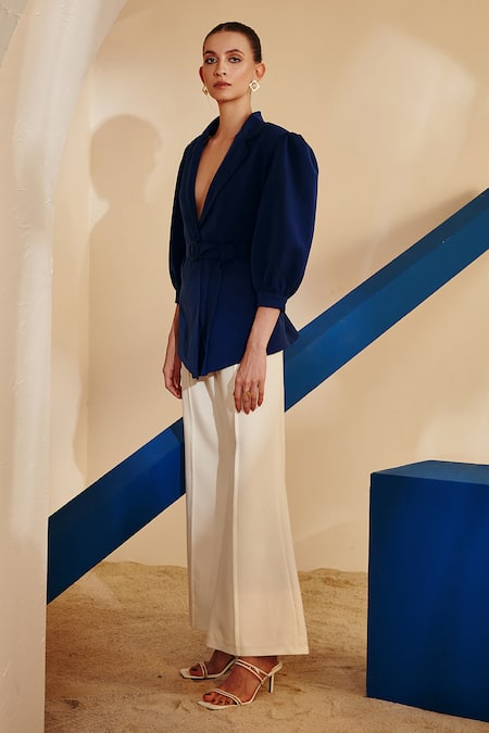 Zosia Blue Luxury Heavy Crepe Lapel Collar Puff Sleeve Blazer And Flared Pant Set Online at Aza Fashions Zosia_Blue Luxury Heavy Crepe Lapel Collar Puff Sleeve Blazer And Flared Pant Set _Online_at_Aza_Fashions