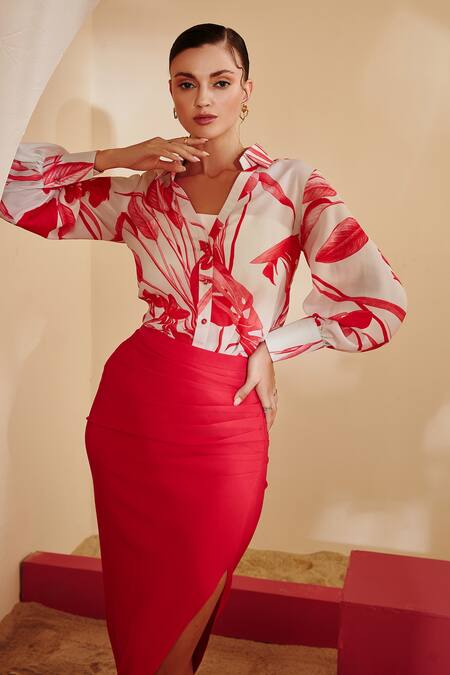 Buy Zosia Pink Shirt Moss Georgette, Skirt Heavy Printed And Draped Set Online at Aza Fashions Buy_Zosia_Pink Shirt Moss Georgette, Skirt Heavy Printed And Draped Set _Online_at_Aza_Fashions