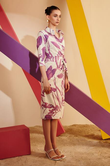 Zosia_White Luxury Crepe Floral Motifs Collared Neck Printed Draped Dress_Online_at_Aza_Fashions