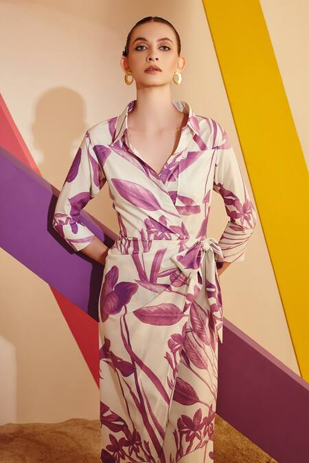 Buy_Zosia_White Luxury Crepe Floral Motifs Collared Neck Printed Draped Dress_Online_at_Aza_Fashions