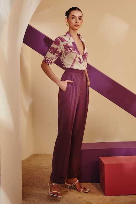 Shop_Zosia_Purple Pant Heavy , Top Floral Printed Shirt And Set _Online_at_Aza_Fashions
