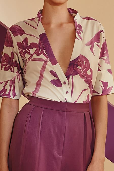 Zosia_Purple Pant Heavy , Top Floral Printed Shirt And Set _at_Aza_Fashions
