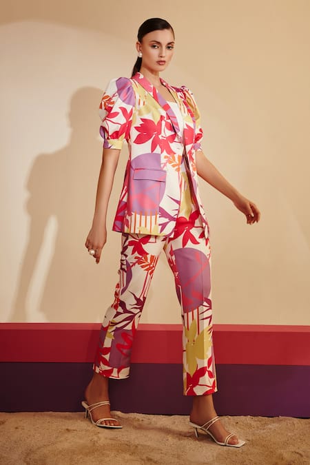 Zosia_Multi Color Luxury Heavy Crepe Floral Motifs Lapel Printed Blazer And Pant Set_Online_at_Aza_Fashions