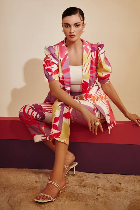 Buy_Zosia_Multi Color Luxury Heavy Crepe Floral Motifs Lapel Printed Blazer And Pant Set_Online_at_Aza_Fashions