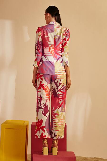 Shop_Zosia_Multi Color Luxury Crepe Floral Motifs Lapel Collar Printed Blazer And Pant Set _at_Aza_Fashions