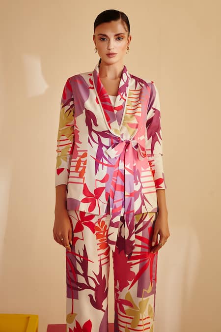 Buy_Zosia_Multi Color Luxury Crepe Floral Motifs Lapel Collar Printed Blazer And Pant Set _Online_at_Aza_Fashions