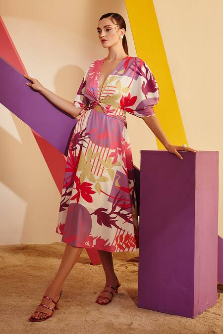 Zosia_Multi Color Luxury Crepe Floral Motifs Plunge V Neck Front Knot Printed Dress_Online_at_Aza_Fashions