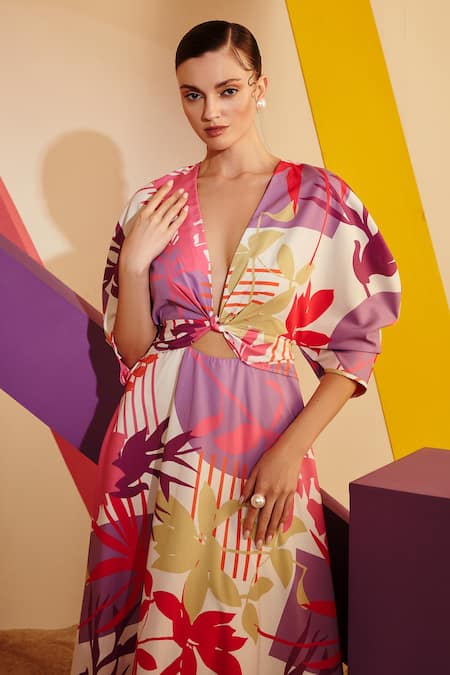 Buy_Zosia_Multi Color Luxury Crepe Floral Motifs Plunge V Neck Front Knot Printed Dress_Online_at_Aza_Fashions