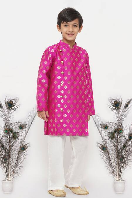 Little Bansi Magenta Silk, Cotton Embroidery Floral Woven Kurta Set Online at Aza Fashions Little Bansi_Magenta Silk, Cotton Embroidery Floral Woven Kurta Set _Online_at_Aza_Fashions
