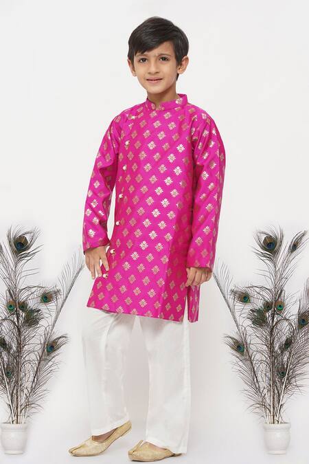 Shop_Little Bansi_Magenta Silk, Cotton Embroidery Floral Woven Kurta Set _Online_at_Aza_Fashions