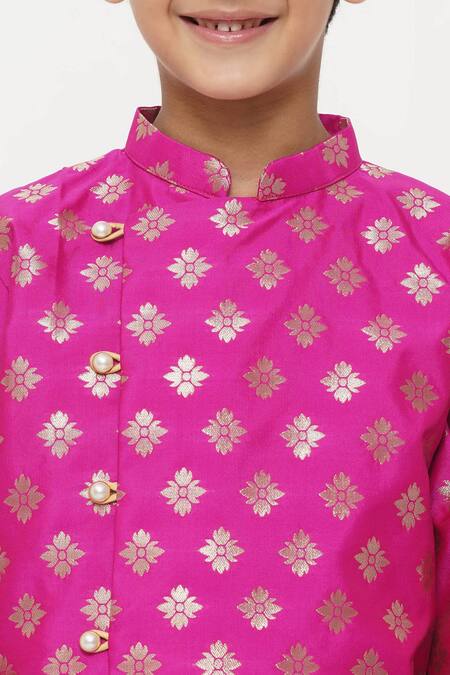 Little Bansi_Magenta Silk, Cotton Embroidery Floral Woven Kurta Set _at_Aza_Fashions